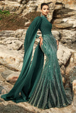 Vestido de noche sirena verde oscuro brillante con mangas capa