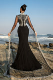 Vestido de noche sirena negro con capa desmontable