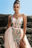 Vestido de noche sirena con tirantes finos y rubor brillante con capa