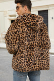 Abrigo de invierno de piel sintética de leopardo café para hombre con bolsillos
