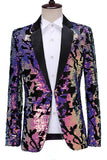 Blazer de baile de graduación con solapa con muescas y morado azul brillante para hombre con lentejuelas