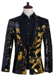 Blazer de baile para hombre con solapa de chal plateado y dorado brillante con lentejuelas