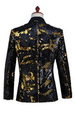 Blazer de baile para hombre con solapa de chal plateado y dorado brillante con lentejuelas