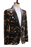 Blazer de baile de hombre con solapa de chal de lentejuelas negras y doradas