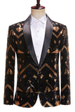 Blazer de baile de hombre con solapa de chal de lentejuelas negras y doradas