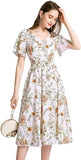Chiffon Floral Summer Sun Beach Dresses for Women 2024 with V Neck Elastic Waist