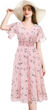 Chiffon Floral Summer Sun Beach Dresses for Women 2024 with V Neck Elastic Waist