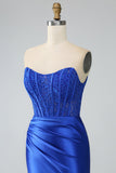 Vestido de fiesta de corsé largo sin tirantes de sirena azul real con abertura