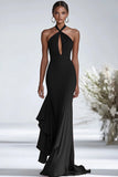 Halter Terracota Gasa Volantes Vaina Vestido Gala Rojo