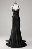 Vestido de fiesta de lentejuelas con corsé halter de sirena verde oscuro brillante