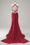 Vestido de fiesta de lentejuelas con corsé halter de sirena verde oscuro brillante