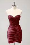 Vestido de fiesta corto ajustado con corsé de novia fucsia con cuentas