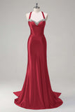 Vestido de fiesta de lentejuelas con corsé halter de sirena verde oscuro brillante
