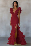 Vestido formal largo amarillo sirena con escote en V y abertura con volantes