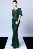 Mermaid V Cuello Verde oscuro lentejuelas Vestido largo de baile con mangas cortas