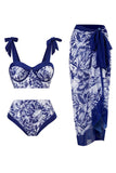 Estampado de cintura alta azul oscuro 3 piezas conjunto de trajes de baño con vestido de playa