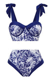 Estampado de cintura alta azul oscuro 3 piezas conjunto de trajes de baño con vestido de playa