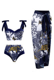 Estampado de cintura alta azul oscuro 3 piezas conjunto de trajes de baño con vestido de playa