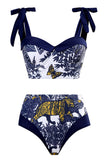 Estampado de cintura alta azul oscuro 3 piezas conjunto de trajes de baño con vestido de playa