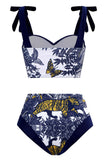 Estampado de cintura alta azul oscuro 3 piezas conjunto de trajes de baño con vestido de playa