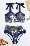 Estampado de cintura alta azul oscuro 3 piezas conjunto de trajes de baño con vestido de playa