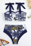 Estampado de cintura alta azul oscuro 3 piezas conjunto de trajes de baño con vestido de playa