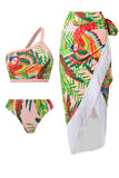 Conjunto de bikini estampado naranja de 3 piezas con vestido de playa con borla