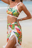 Conjunto de bikini estampado naranja de 3 piezas con vestido de playa con borla