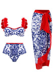 Conjunto de trajes de baño de impresión de porcelana azul y blanca de 3 piezas con vestido de playa