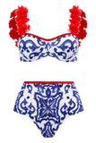 Conjunto de trajes de baño de impresión de porcelana azul y blanca de 3 piezas con vestido de playa