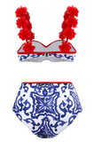 Conjunto de trajes de baño de impresión de porcelana azul y blanca de 3 piezas con vestido de playa
