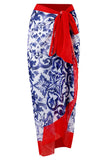 Conjunto de trajes de baño de impresión de porcelana azul y blanca de 3 piezas con vestido de playa