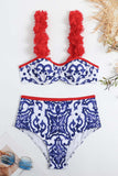 Conjunto de trajes de baño de impresión de porcelana azul y blanca de 3 piezas con vestido de playa