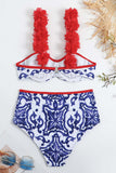 Conjunto de trajes de baño de impresión de porcelana azul y blanca de 3 piezas con vestido de playa