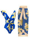 Conjunto de bikini verde estampado de dos piezas con falda de playa