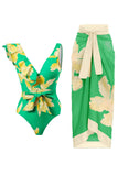 Conjunto de bikini verde estampado de dos piezas con falda de playa