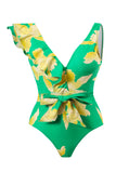 Conjunto de bikini verde estampado de dos piezas con falda de playa