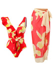 Conjunto de bikini verde estampado de dos piezas con falda de playa