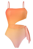 Traje de baño de una pieza naranja de cintura alta con recorte