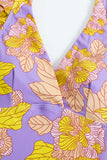 Flor estampada cintura alta de una pieza traje de baño púrpura