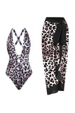 Set de bikini marrón con estampado de leopardo de una pieza con falda de playa