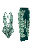 Set de bikini marrón con estampado de leopardo de una pieza con falda de playa