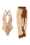 Set de bikini marrón con estampado de leopardo de una pieza con falda de playa