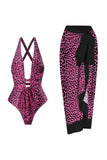 Set de bikini marrón con estampado de leopardo de una pieza con falda de playa