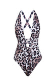 Set de bikini marrón con estampado de leopardo de una pieza con falda de playa