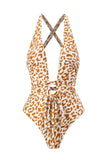Set de bikini marrón con estampado de leopardo de una pieza con falda de playa