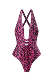 Set de bikini marrón con estampado de leopardo de una pieza con falda de playa
