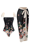 Vintage estampado negro de una pieza conjunto de trajes de baño con falda de playa