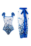 Vintage estampado negro de una pieza conjunto de trajes de baño con falda de playa