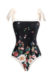 Vintage estampado negro de una pieza conjunto de trajes de baño con falda de playa